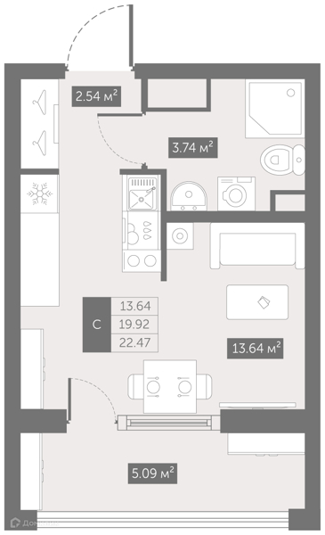 Планировка: Студия · 22,47 м²
