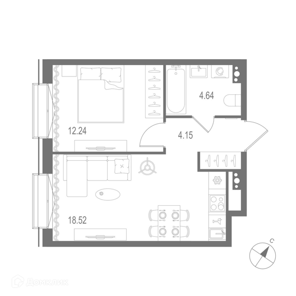 Планировка: 1 комната · 39,55 м²