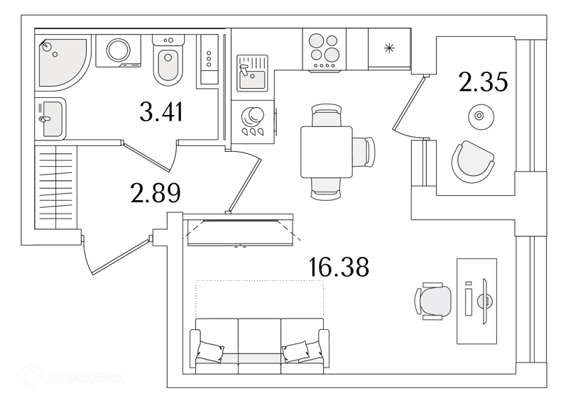 Планировка: Студия · 23,86 м²