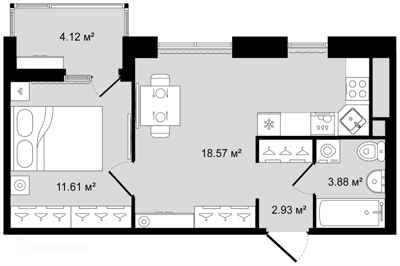 Планировка: 1 комната · 39,05 м²