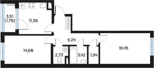 Планировка: 2 комнаты · 61,59 м²