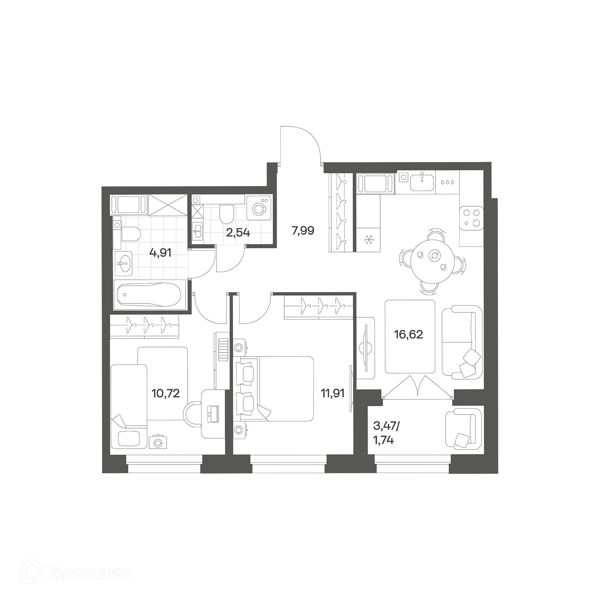 Планировка: 2 комнаты · 57,57 м²