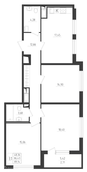 Планировка: 3 комнаты · 89,14 м²