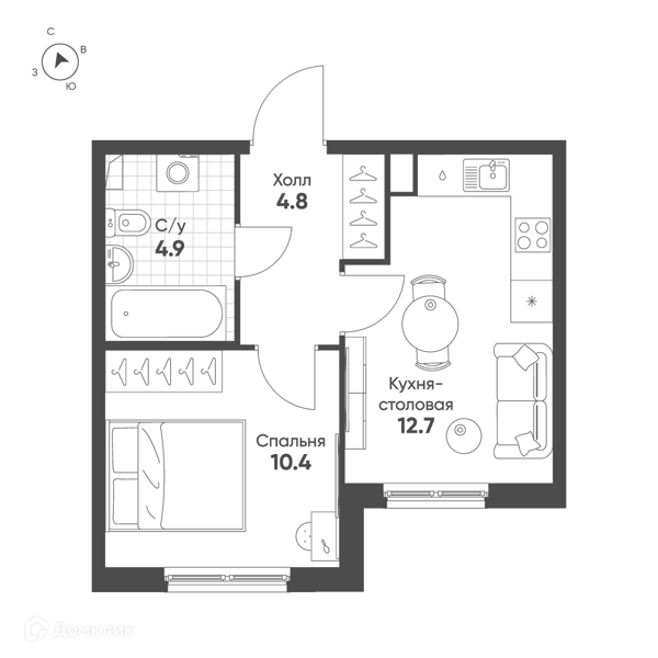 Планировка: 1 комната · 32,8 м²
