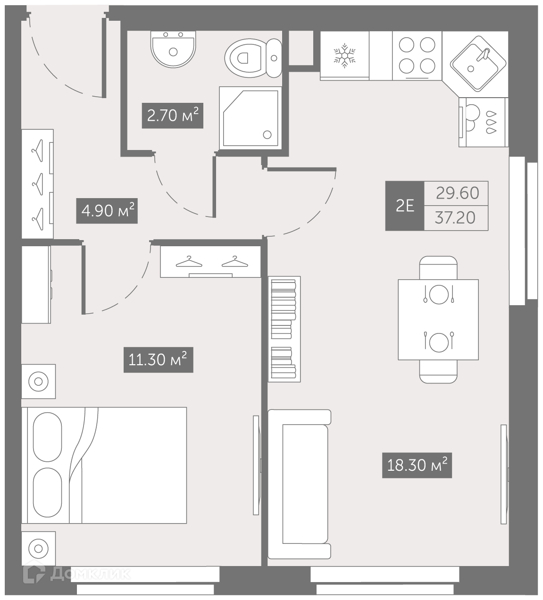 Планировка: 1 комната · 37,2 м²