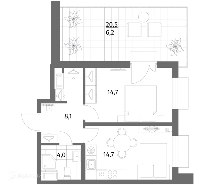 Планировка: 1 комната · 47,7 м²