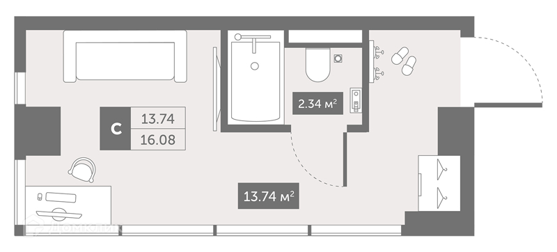 Планировка квартиры: Студия · 16,9 м²