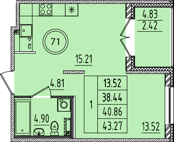 Планировка: 1 комната · 38,44 м²