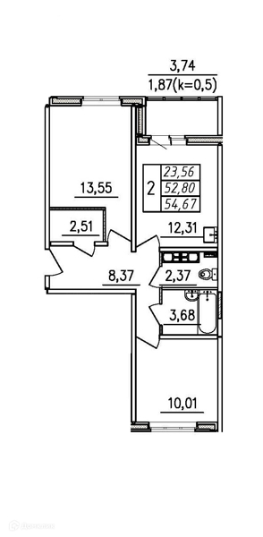 Планировка: 2 комнаты · 54,67 м²