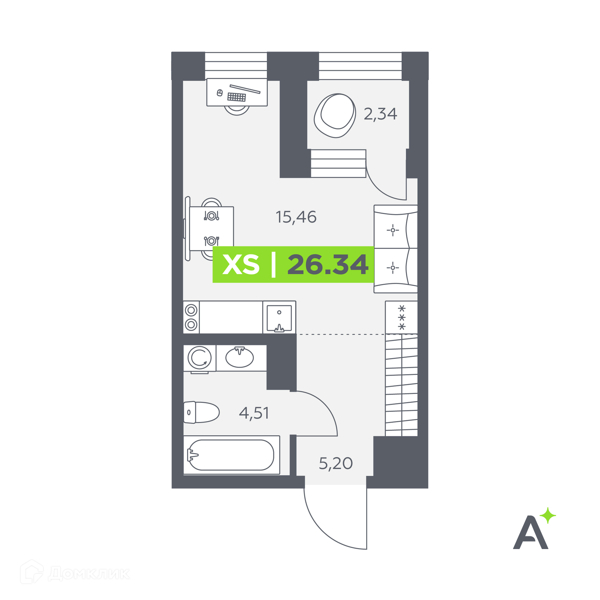 Планировка: Студия · 26,34 м²