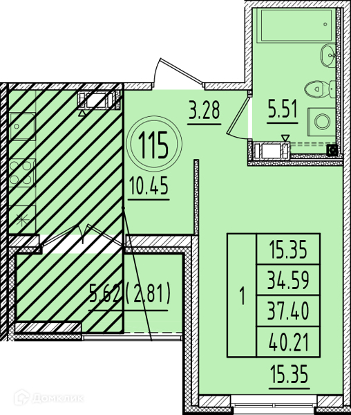 Планировка: 1 комната · 34,59 м²