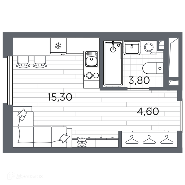 Планировка: Студия · 23,7 м²