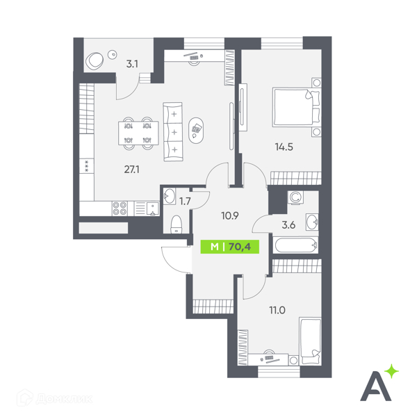 Планировка: 2 комнаты · 70,4 м²