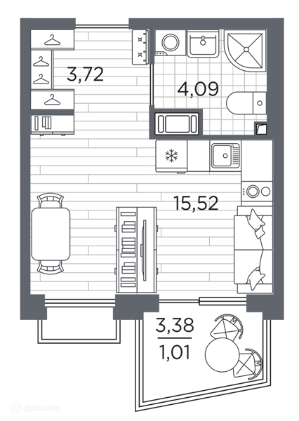 Планировка квартиры: Студия · 24,34 м²