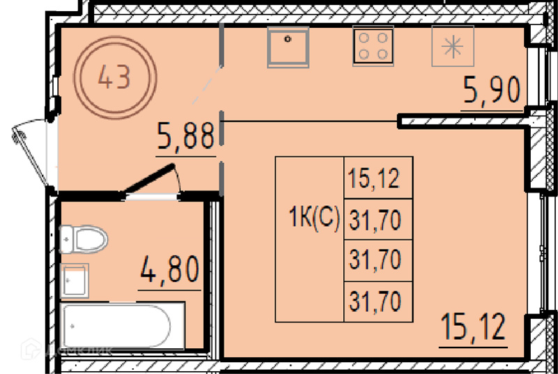 Планировка: Студия · 31,7 м²