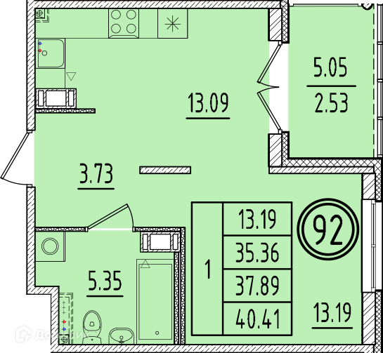 Планировка: 1 комната · 35,36 м²