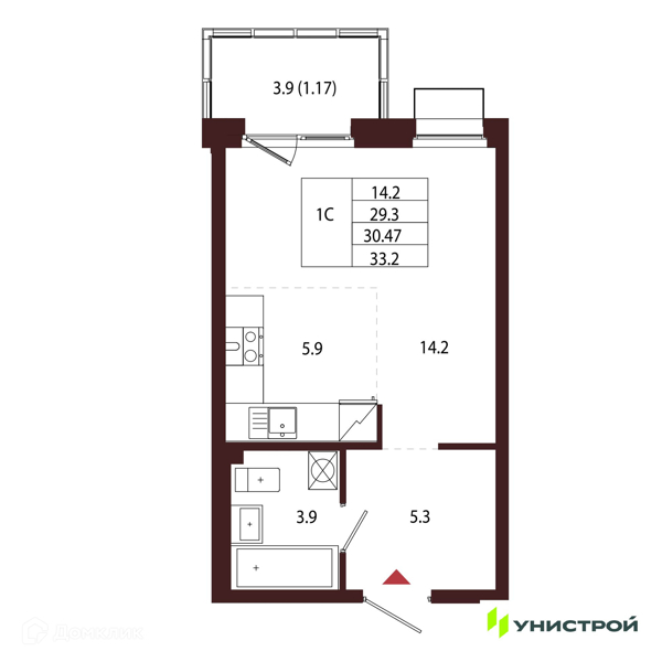 Планировка квартиры: Студия · 30,47 м²