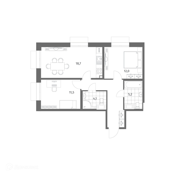Планировка: 2 комнаты · 61,8 м²