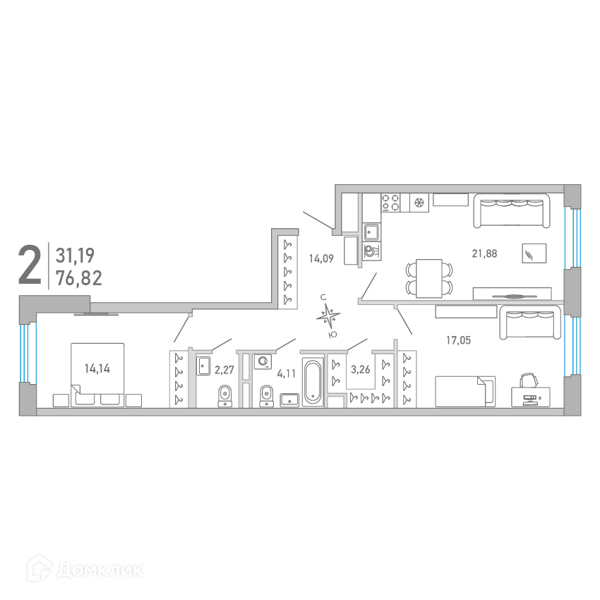 Планировка: 2 комнаты · 77,05 м²