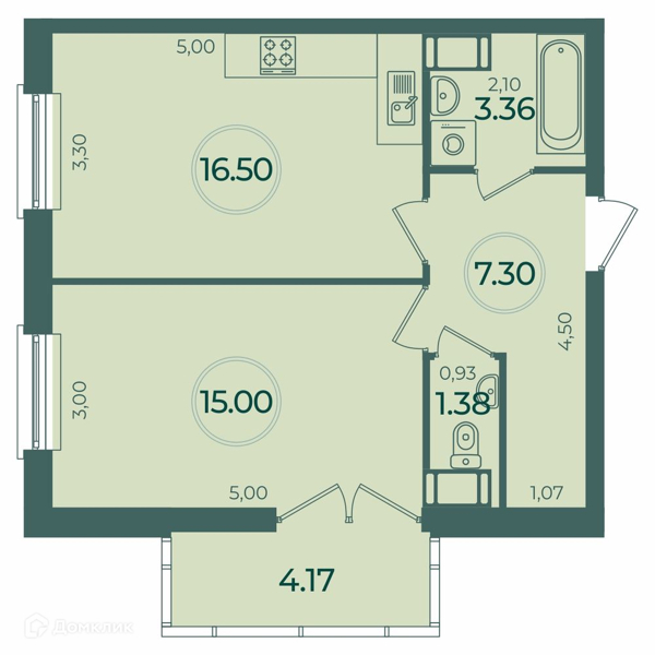 Планировка: 1 комната · 44,79 м²