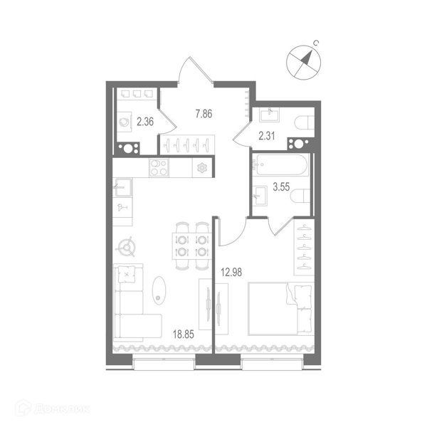 Планировка: 1 комната · 47,91 м²
