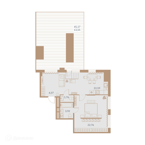 Планировка: 1 комната · 72,8 м²