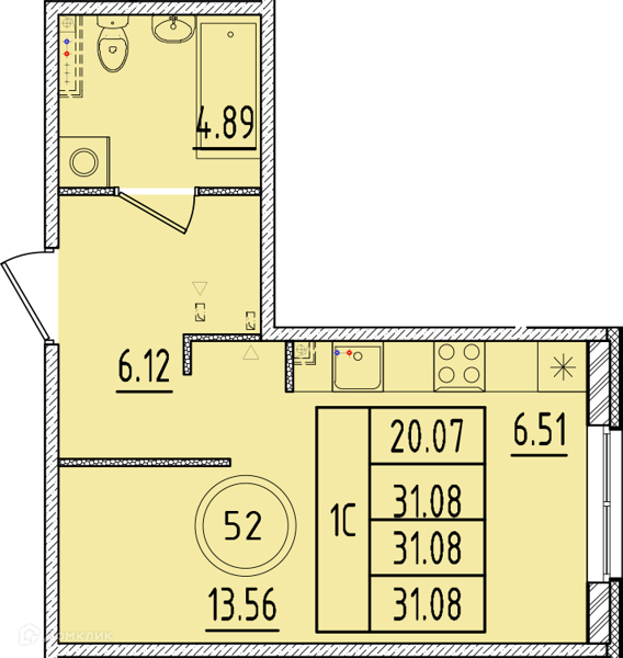 Планировка: Студия · 31,08 м²