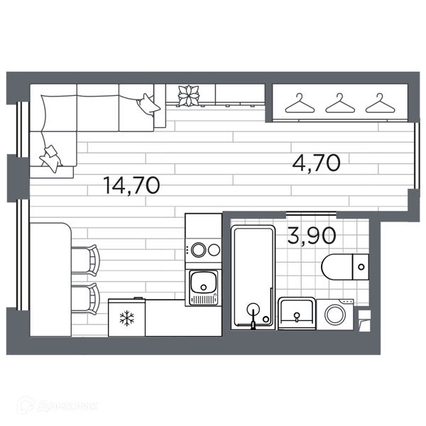 Планировка квартиры: Студия · 23,3 м²