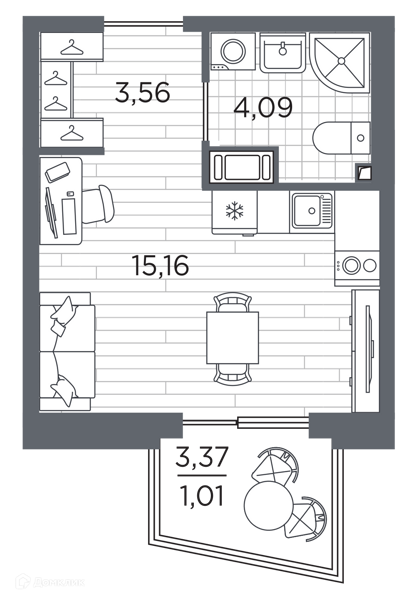 Планировка квартиры: Студия · 23,82 м²