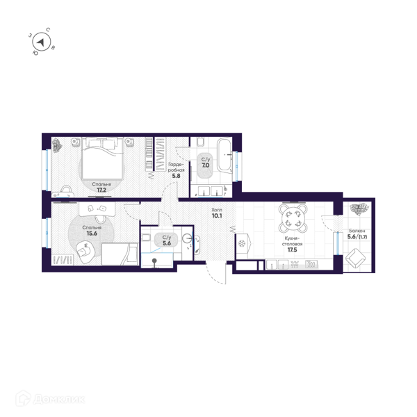 Планировка: 2 комнаты · 80,5 м²