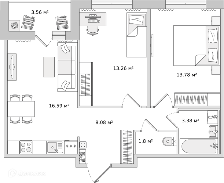 Планировка: 2 комнаты · 60,45 м²