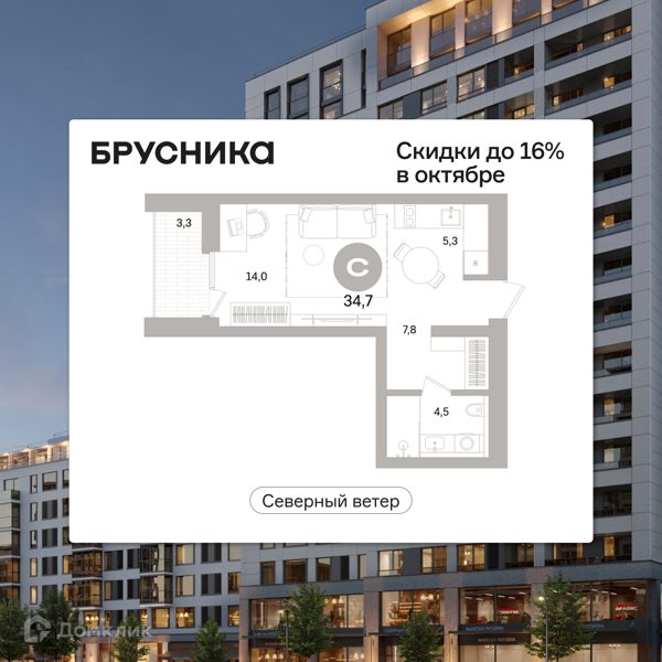 Планировка квартиры: Студия · 34,74 м²