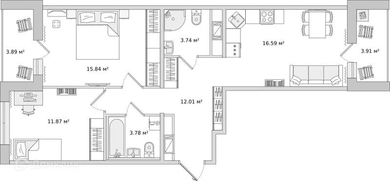 Планировка: 2 комнаты · 71,63 м²
