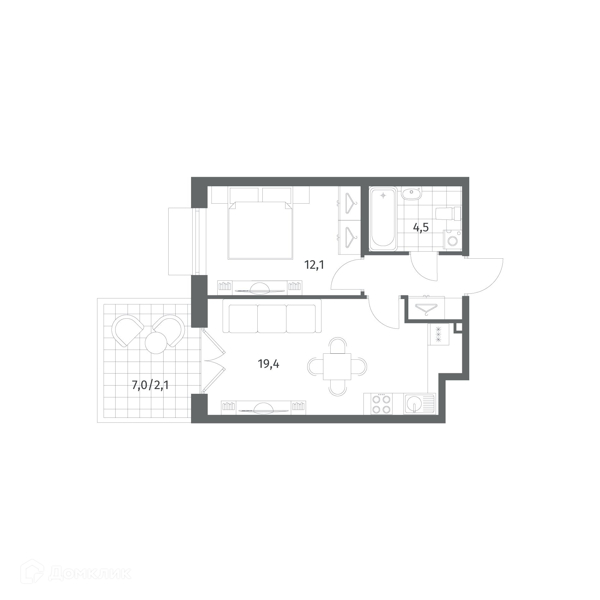 Планировка: 1 комната · 42 м²