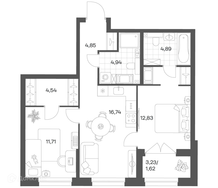 Планировка: 2 комнаты · 62,12 м²