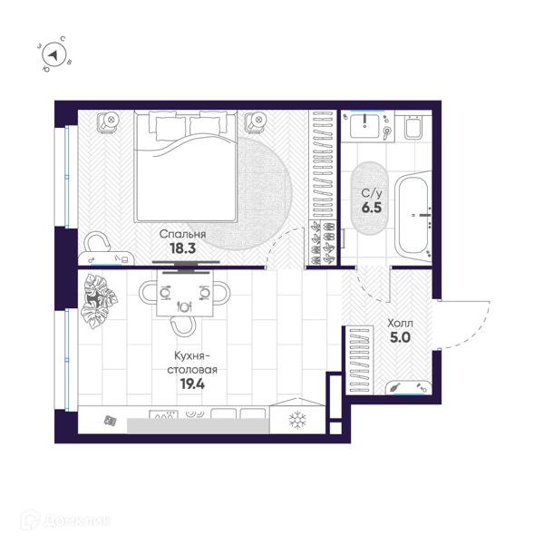 Планировка: 1 комната · 49,2 м²