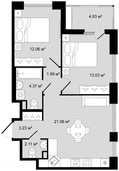 Планировка: 2 комнаты · 60,32 м²