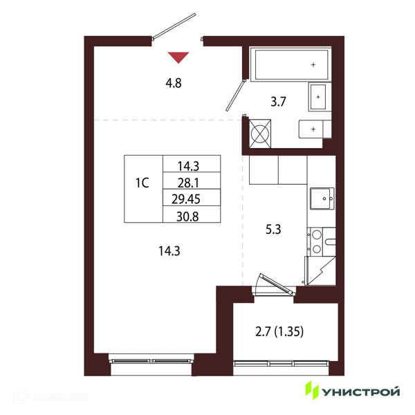 Планировка: Студия · 29,45 м²