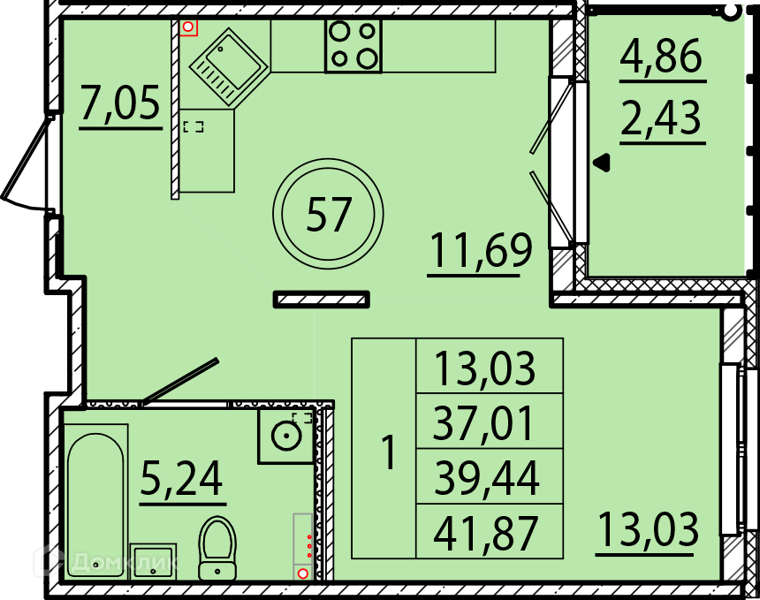 Планировка: 1 комната · 37,01 м²