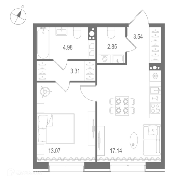 Планировка: 1 комната · 44,89 м²