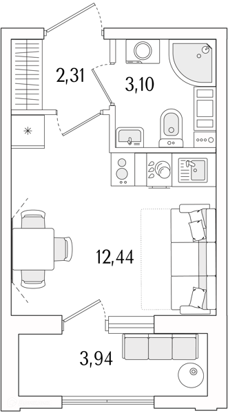 Планировка квартиры: Студия · 19,82 м²