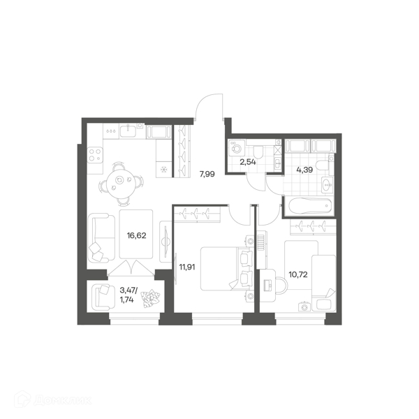 Планировка: 2 комнаты · 56,98 м²