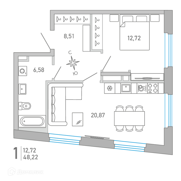 Планировка: 1 комната · 48,13 м²