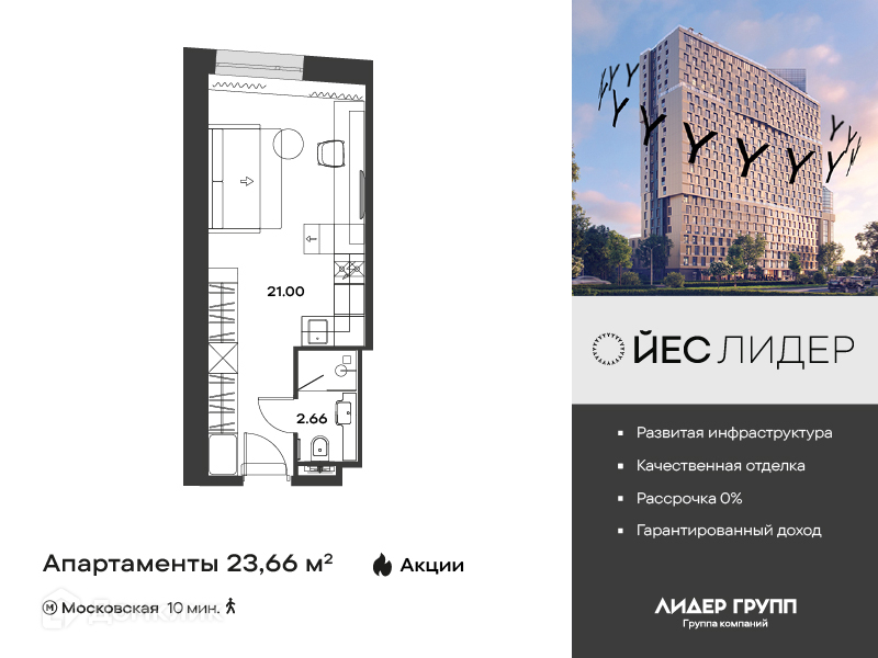 Планировка квартиры: Студия · 23,66 м²