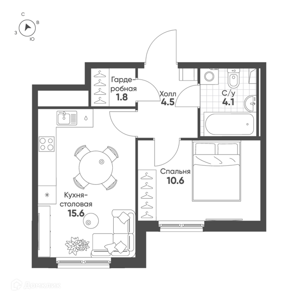 Планировка: 1 комната · 36,6 м²