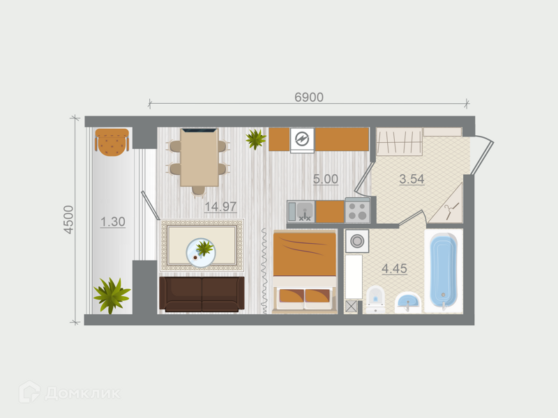 Планировка квартиры: Студия · 29,26 м²