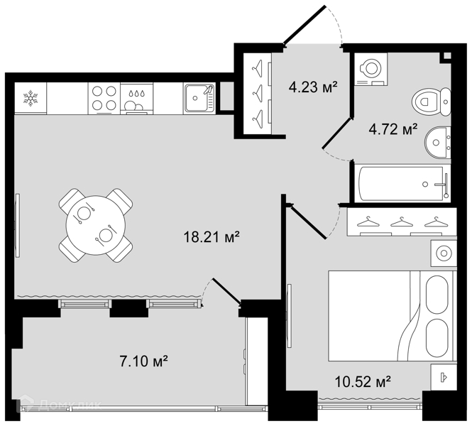Планировка: 1 комната · 41,23 м²