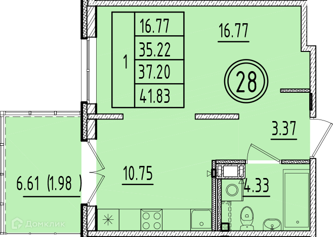 Планировка: 1 комната · 35,22 м²