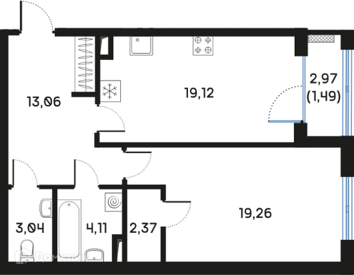 Планировка: 1 комната · 62,64 м²