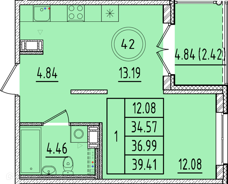 Планировка: 1 комната · 34,57 м²